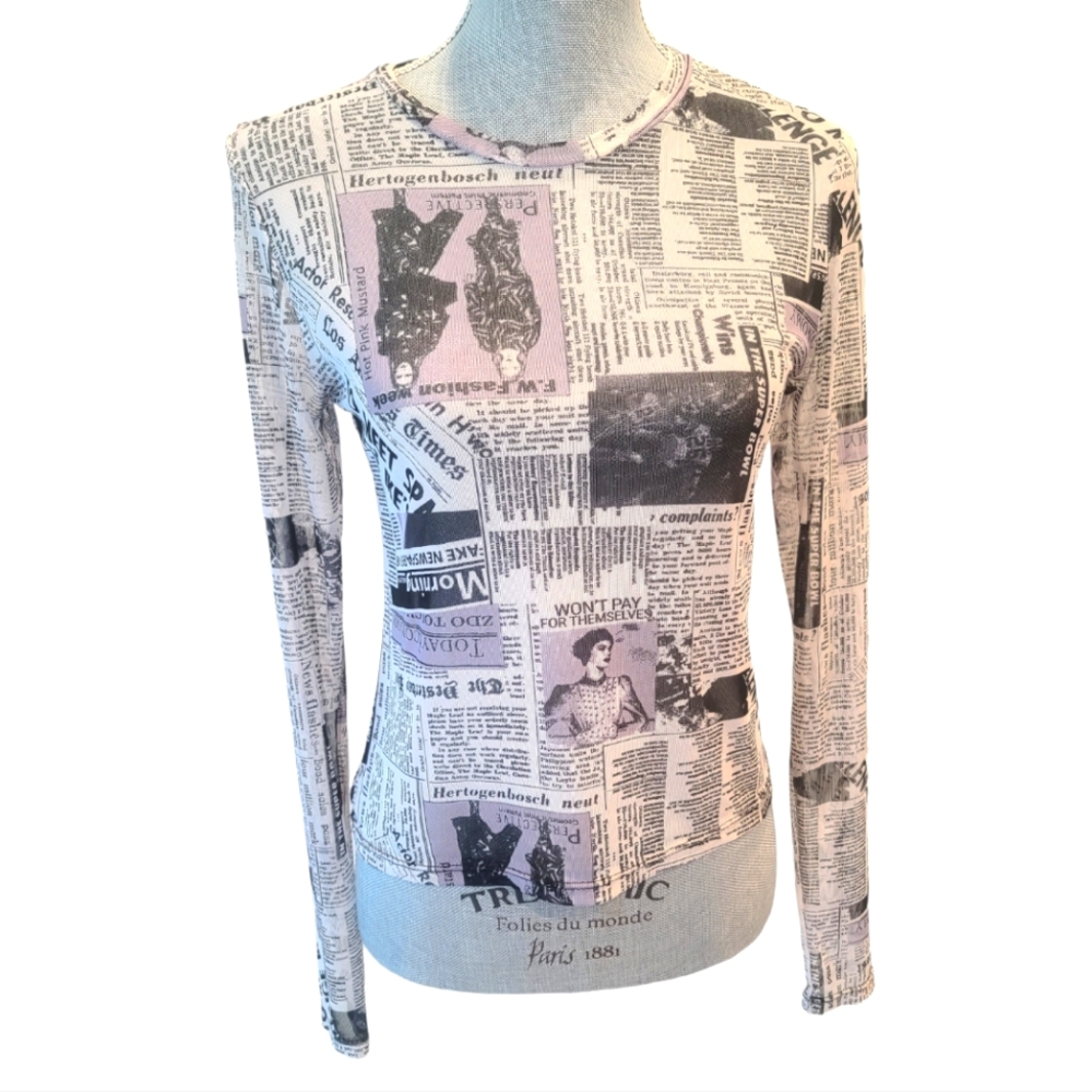 Polly & Esther Mesh Newspaper Print Long Sleeve Blouse Top